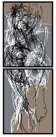 CL  BL 1DESSIN EN AVEUGLE, les yeux bandés, par touché du corps. Dessins repris scannés et travaillés sur palette graphique. Chaque image, au format 30 x 40, est imprimée par jet d'encres aux pigments.Les initiales désignent en premier celui qui dessine, en second, celui qui est dessiné80 X 30   octobre 2010