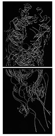 CL  HE FACES NOIRESDESSIN EN AVEUGLE, les yeux bandés, par touché du corps. Dessins repris scannés et travaillés sur palette graphique. Chaque image, au format 30 x 40, est imprimée par jet d'encres aux pigments.Les initiales désignent en premier celui qui dessine, en second, celui qui est dessiné80 X 30   octobre 2010
